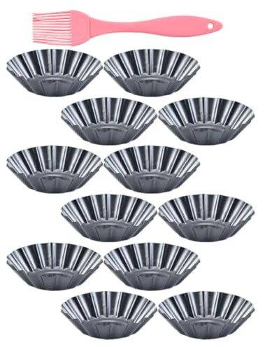 Toyvian Molde para Pudín, Capacillos para Hornear Tartas, Acero al Carbono Negro, Antiadherente, Bordes Acanalados, Cepillo de Silicona para Cupcakes y Tartaletas