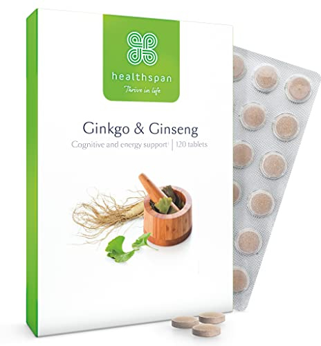 Healthspan Ginkgo & Ginseng | Unterstützt Kognitive Gesundheit | Steigert Energie und geistige Kraft | Mit Ginkgo Biloba, Panax Ginseng, Jod, Vitamin B3 und Vitamin B5 | Vegan | 120 Tabletten