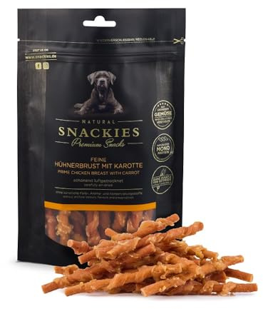 SNACKIES Feine Hühnerbrust mit Karotte 170g Premium Snacks für Hunde, ohne Zusatz von Getreide, Zucker, Farb-, Aroma- und Konservierungsstoffe, schonend luftgetrocknete Leckerli
