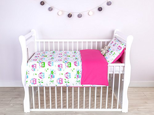 LOOLAY® 2 tlg. Bettwäsche für Kinderbett Baby Bettset Größe 100x135 cm (40x60 cm) (Eule weiß/rosa)