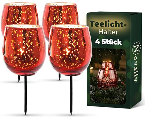 Teelichthalter Glas 4er Set für Adventskranz 6cm Bauchig Rot, Kerzenhalter Klein, Kerzenpicks für Teelichter, Weihnachtskranz Gesteck Dekoration Xmas