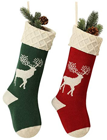 RedMaple Christmas Stockings, Knitted Reindeer Pattern Xmas Stockings Traditional Hanging Socks Ornament for Family Holiday Party Decorations 46CM