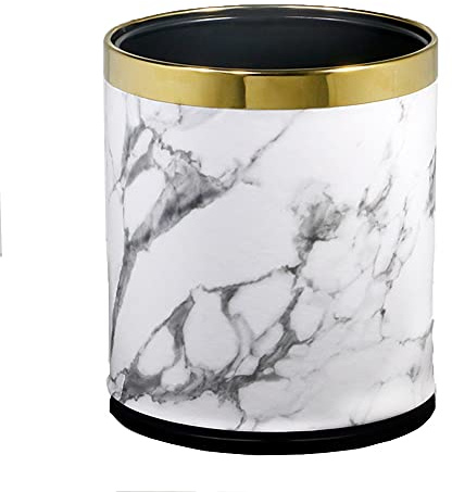 Pattumiera di lusso in metallo da 10 l, a doppio strato, con rivestimento in finta pelle, per cucina, bagno, hotel, ufficio (marmo bianco)