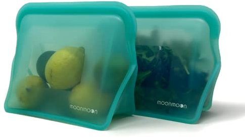 Moonmoon Silicone Food Bags | Self-Standing, Reusable Freezer Bags | Resealable Food Pouches | Dishwasher & Microwave Safe | 2 Set 1500ml (Aqua)