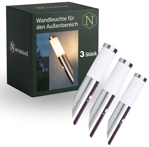 Novatool 3x Außenlampe Edelstahl mit Bewegungsmelder I IP44 I E27 Sockel I Ø7x8H36 cm I Außenleuchten Wandleuchten außen Wandstrahler Außenbeleuchtung Terrassenbeleuchtung Terrassenlampe