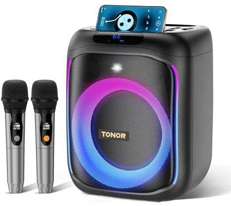 Karaoke Anlage mit 2 drahtlosen Mikrofonen Bluetooth, TONOR Karaoke Maschine Lautsprecher mit LED Licht Partymaschine mit Wireless Microphone Musikbox mit AUX/USB/TF PA-System für Erwachsene/Kinder K6
