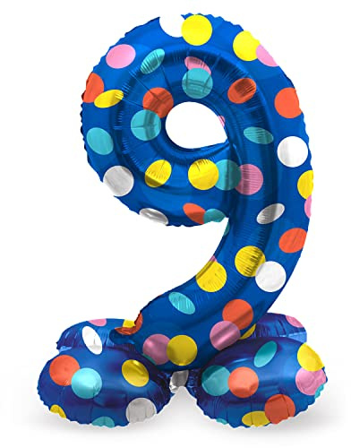 Folat 64789 Luftballon Geburtstag Stehender Ziffer Zahl 9 Colorful Dots Blau mit farbigen Punkten 41 cm - Decoration Geburtstagdeko, Ballon Zahl, Kein Helium erforderlich