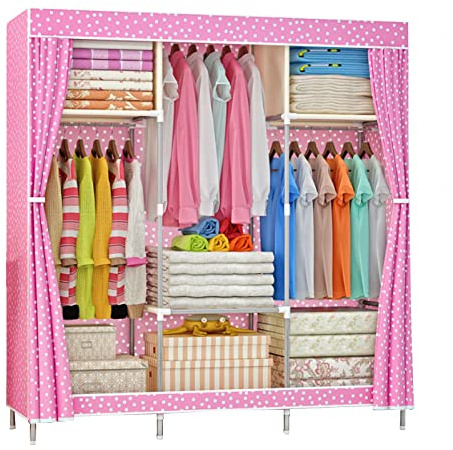 Kleiderschrank Stoffschrank, Faltschrank mit Kleiderstange und Ablagen, Faltbare Garderobe für Schlafzimmer, Ankleidezimmer, Kleidungs Aufbewahrung,Pink-105x46x156cm