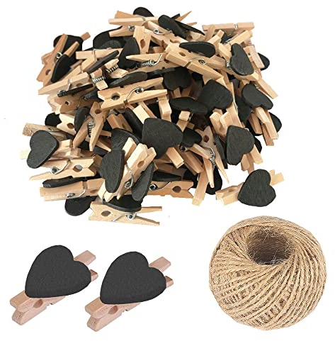 SKYPRO 25Pcs Black Mini Wooden Heart Clothespins, Multicolor Small Clothespins with Heart, 3cm Heart Photo Clips, Tiny Clothes Pins with String for Photos Display,DIY Craft,Wedding&Baby Shower Decor