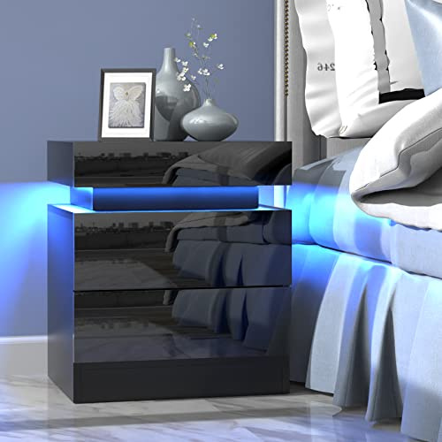 HaodaCulture Nachttisch Schwarz, Nachtschrank Led, Einstellbare 16 Farben, 2 Schubladen Hochglanz, Flip Cover, Nachtkommode, Schlafzimmer, Arbeitszimmer, Modern 45x35x52cm
