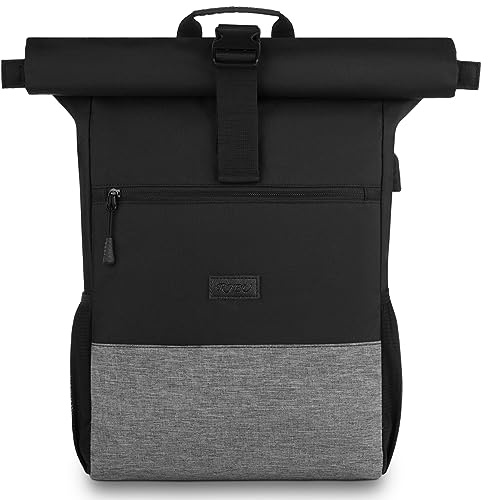 RJEU Laptop ryggsäck för 17 tum, rulltopp ryggsäck män kvinnor, laptopväska för skola, studierum, resor, skolryggsäck (svartgrå-26 l)