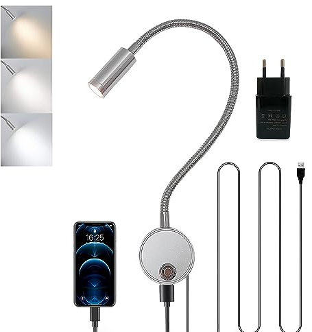 Lampada da Lettura a Parete, Luce da Muro con Interruttore di Controllo Tattile e Presa di Ricarica USB Luce Regolabile 3000K-6000K Applique a Collo d'oca Flessibile Illuminazione Letto con Caricatore