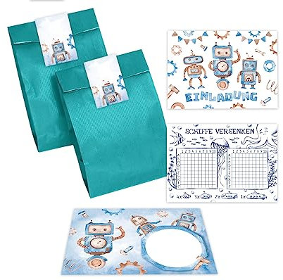 Minkocards 8 Einladungskarten zum Kindergeburtstag Junge Roboter incl. 8 Umschläge, 8 Partytüten/petrol, 8 Aufkleber, 8 Schiffe versenken Einladungsset
