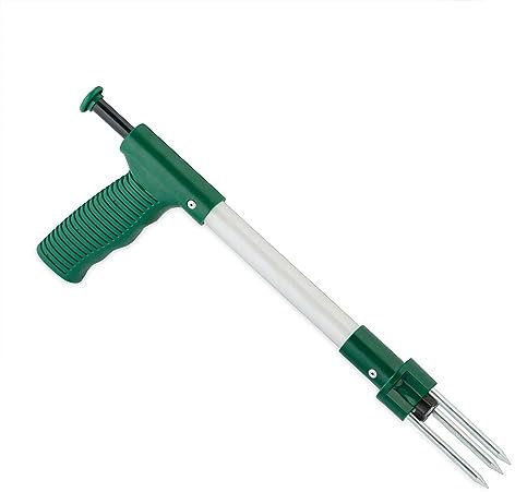 Relaxdays Unkrautstecher, Wurzelstecher zum Unkraut jäten, Auswerfmechanismus, Länge: 37 cm, Distelstecher, grün/Silber