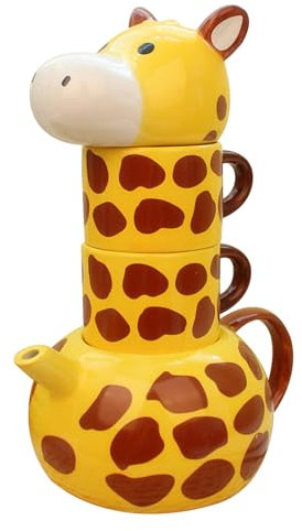 Giraffe, set di teiere in ceramica, con 2 tazze da tè, servizio da tè con coperchio, teiera per la casa, in porcellana dipinta a mano, per latte, caffè, tè, latte