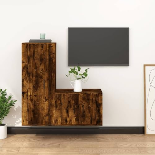 AUVYI TV-Schrank-Set 2-TLG. Räuchereiche Holzwerkstoff 40x34,5x100cm Küchenschrank Badezimmerschränke Flurschrank Eckschrank Wohnwand Wohnzimmer Barschrank Hängeschrank Sideboard Vintage Möbel