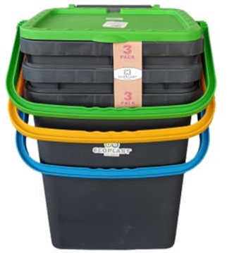Ecoplast | Tris di Pattumiere per Raccolta Differenziata 35 Lt, Colori Assortiti Giallo/Verde/Blu, 43x36x43,5, Made in Italy