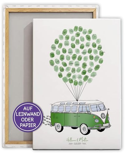 FEENSTAUB Fingerabdruck Leinwand Hochzeit, personalisiert, Hochzeitsgästebuch, Fingerabdruck Hochzeit, Fingerabdruckprint Leinwand oder Leinenpapier, Hochzeit Gästebuch Alternative, Bulli