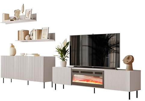Mirjan24 Wohnzimmer-Set mit Elektrischem Kamin Arypot I, Wohnzimmerschränke mit gefräster Front, Anbauwand, Griffloses System, im Set: Kommoden, TV-Lowboard, Wandregal (Cashmere)