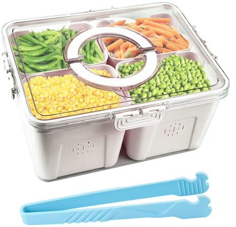 Gachiwar Fridge Storage Box, Transparent Fridge Storage Container with Clip, Stackable Fridge Organiser for Fruit, Vegetables, Food and Beverages, Refrigerator - 4 Divided Compartments