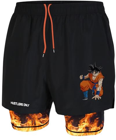 Hustlers Only 2-in-1 Anime Gym Shorts Men - Lightweight Athletics Activewear Sports shorts with Phone Pockets for Running, Cycling, & Gym Activities (M) Black