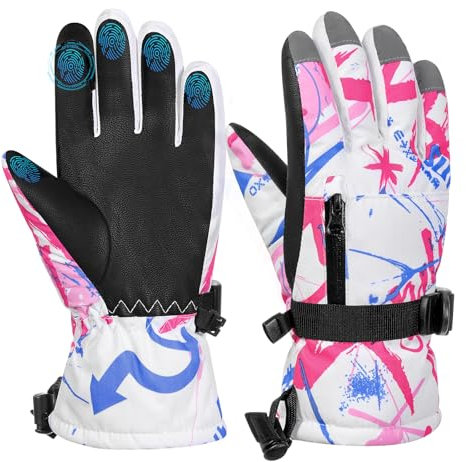 MoKo Skihandschuhe Kinder Wasserdicht, Winterhandschuhe Kind mit Reißverschlusstasche, Warme Winddichte Handschuhe Kinder 6-11 Jahre, Schneehandschuhe für Snowboard Rodeln Radfahren, Rosa&Blau, XS
