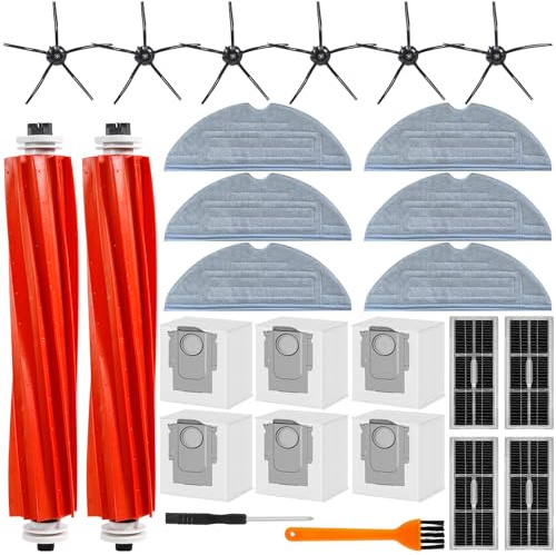 ROELLY 26er Set Ersatzteile für Roborock S7 MaxV Ultra,S7 Pro Ultra:6 Staubbeutel,2 Hauptrollbürsten,6 Seitenbürsten,4 Filter,6 Mopp-Wischtücher,1 Bürstenreinigungswerkzeug & 1 Schraubendreher