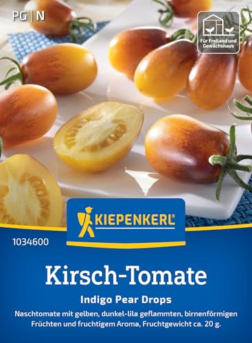 Kiepenkerl Kirsch-Tomatensamen Indigo Pear Drops 1034600, Gemüsesaat | Gelb- lila geflammt, fruchtig- süß, aromatisch, für Freiland, Gewächshaus & Topf