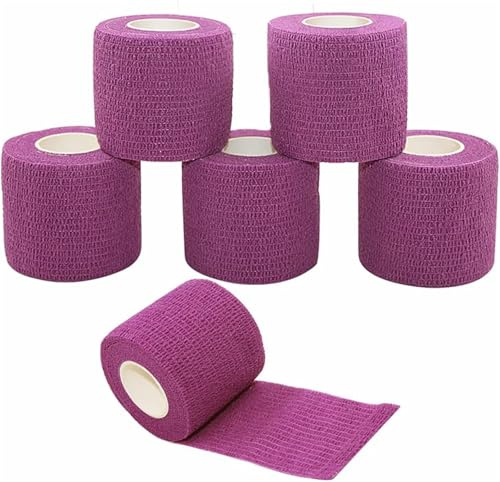 Selbstklebender Verband 5cmx4.5m Haftbandage Selbstklebend für Mensch und Tier, Elastische Fixierbinde Cohesive Bandage Haftbandage für Stretch Sportler, Handgelenk, Knöchel, Pet (6 Rollen/Lila)