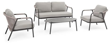 Bizzotto Gartenmöbel-Set Miravet, Anthrazit/Khaki, Gestell aus Aluminium, Geflecht aus Seil und Platte aus gesintertem Stein