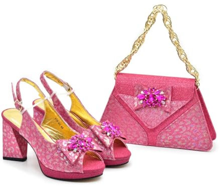Set di scarpe e borse nigeriane da donna per applicazioni con strass e pompe abbinate, Fucsia, 40.5 EU