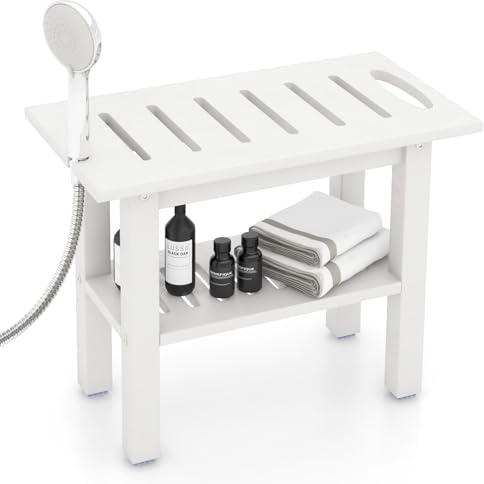 RELAX4LIFE Tabouret de Douche Antidérapant en HDPE, Chaise de Douche à 2 Nibeaux, Support de Pommeau de Douche, Siège Incurvé à Lattes, Poignée, Tabouret Salle de Bain, Charge 150 kg, Blanc