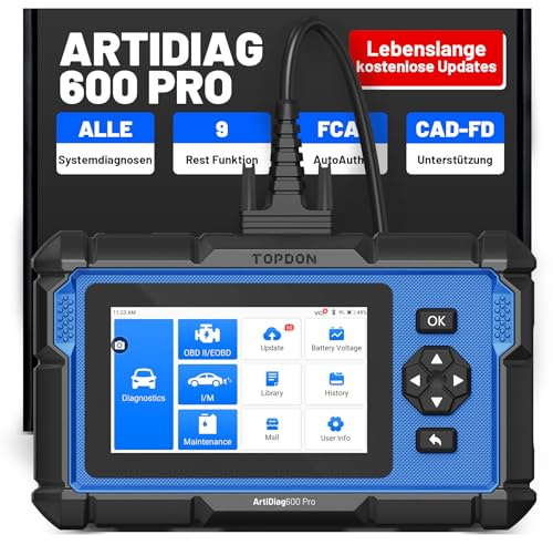 TOPDON ArtiDiag600 Pro, OBD2 Diagnosegerät Auto, Diagnosegerät für alle Fahrzeuge, 9 Servicefunktionen für Öl/ABS/DPF/SRS/SAS/Injektorcodierung, Lebenslange kostenlose Updates