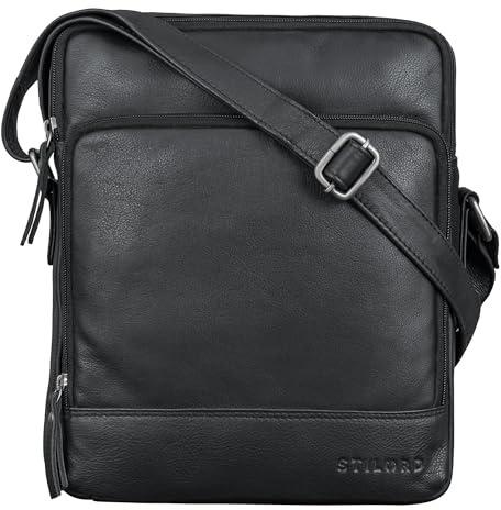 STILORD Faro Bandolera Vintage para Hombre Pequeña Bolso de Cuero Mensajero 11 Pulgadas Bolsa para Tablet Piel Autentica Estilo Retro Bandolera de Ocio para Hombre Color:Negro