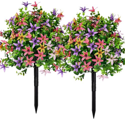 chilsoby Set di 2 alberi di bosso artificiale con fiori, cespugli finti con picchetti, 50 cm, resistenti ai raggi UV, per interni ed esterni, portico, giardino, patio