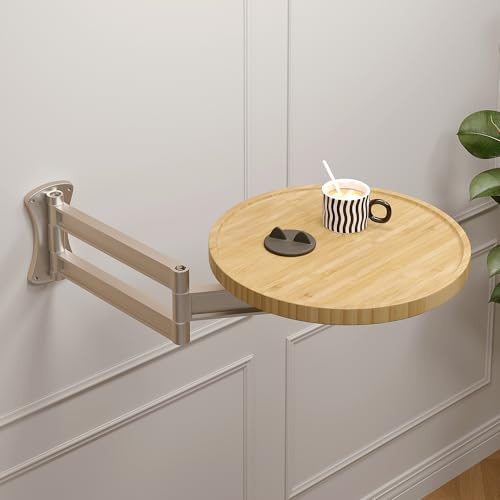 Vanpoo Wall Mounted Folding Table,Small Bamboo Drop Down Floating Wall Desk,11.8 Round Bamboo TableTop with Retractable Aluminum Alloy Brackets,Bedside Wall Shelf Drop Top Desk,Fold Down Nightstand