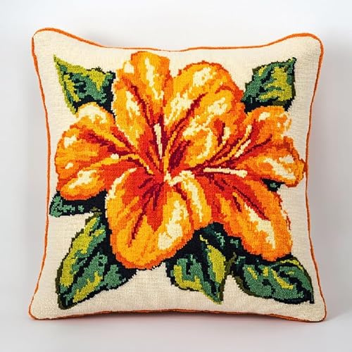 XDEGHUANGSS DIY Latch Hook Cushion Kit for Adults & Kids – 43x43cm Rug Making Set with Pre-Printed Canvas & Yarn – Fun Needlecraft Gift – Orange Azalea
