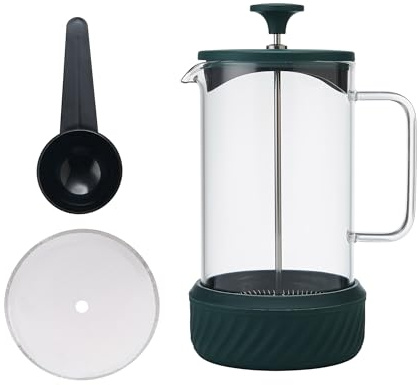 La Cafetière Cafetière Zero' 8 tasses, cafetière à piston No Mess en acier inoxydable vert avec gobelet en verre borosilicaté, base amovible pour l'élimination du marc de café, en boîte cadeau, 1L