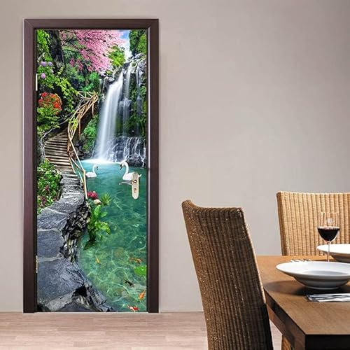 Pegatinas De Puerta Mural Vista de la cascada 3D Door Sticker Papel Autoadhesivo Vinilo Etiqueta De La Pared Arte Adhesivo Puerta Dormitorio Baño Cocina Decoration 90x200cm