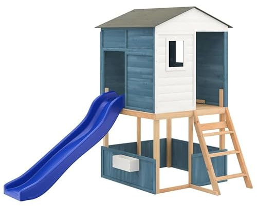 Torre de juego de madera maciza de abeto, robusta torre de juegos para exteriores para niños, juguete de jardín duradero con tobogán y pared de escalada, perfecto para jardín, parque o patio trasero