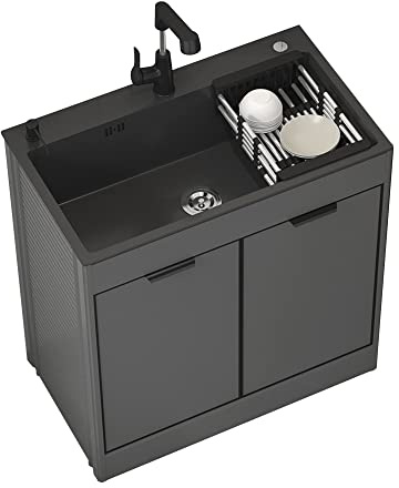 Évier Utilitaire Commercial Noir avec Armoire, évier de Cuisine Portable à Une cuve, Ensemble de Meuble-lavabo de Salle de Bain avec Robinet et Rangement, Montage Mural, Utilisation intérieu