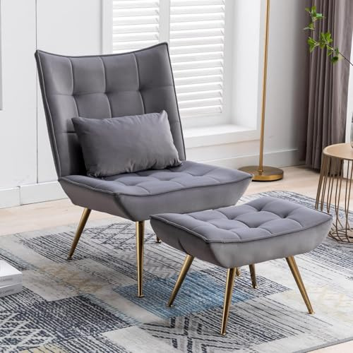 DAYALANE Fauteuil Salon Relax avec Repose-Pieds Chaise Scandinave Confortable avec Oreiller Lombaire Chaise Rembourée en Velours pour Salon Chambre, Gris