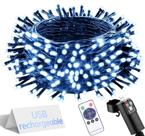 UIONVO Christmas Battery Fairy Lights - USB Rechargeable 15m 150 LED Cool White String Light Remote Waterproof Outdoor Garden Indoor Xmas Tree Lighting Wedding Party Decorations