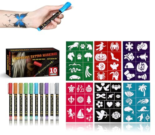 HABNI 10 Stück Tattoo Stifte Kinder, Glitzer Tattoo Kinder Tattoostifte mit 6 Blätter 56 Schablonen Temporäre Tattoo Henna Schablonen für Kinder Erwachsene Geburtstage Party Halloween