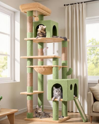 Globlazer Árbol Rascador Cactus Verde Alto 178 cm con Hamaca, 2 Grande Nidos, Plataformas, Tabla Rascar Sisal, Peluche Juguetes, Estable Torre Esquina para Gatos Adulto Interior (F70 Pro, Verde)
