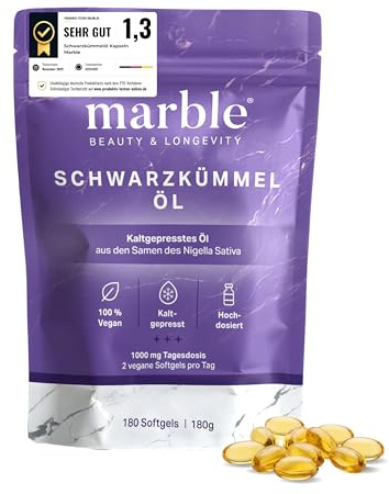 Schwarzkümmelöl Kapseln - kaltgepresst naturbelassen - 1000 mg Kümmelöl pro Tagesdosis + Vitamin E - 84% aktive essentielle Fettsäuren - 180 Softgels - Black Seed Oil aus Nigella Sativa