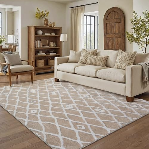 PureCozy 5x7 Beige Area Rug for Living Room Clearance Washable Moroccan Rug Non Slip Soft Bedroom Neutral Shag Checkered Carpet Boho Modern Plush Pile Dining Room Office Playroom Nursery