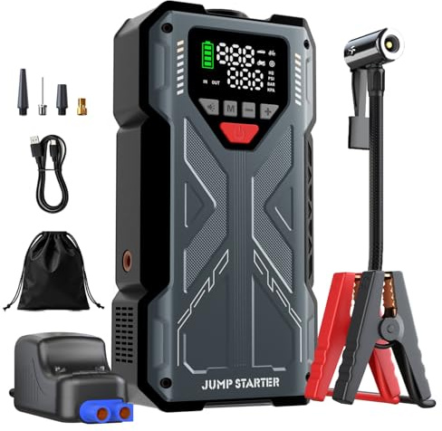 Starthilfe Powerbank 8000A für PKW, Auto Starthilfe mit Kompressor 150PSI, 12V Batterie Booster Jumpstarter für Alle Benzin/10L Diesel mit LED Display & Starterkabel, Frauen