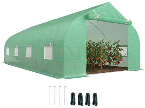 Outsunny Serra a Tunnel 6x3x2 m con 8 Finestre e Porta Avvolgibile, Serra per Orto in Acciaio e PP con 4 Picchetti e 4 Funi Incluse, Verde