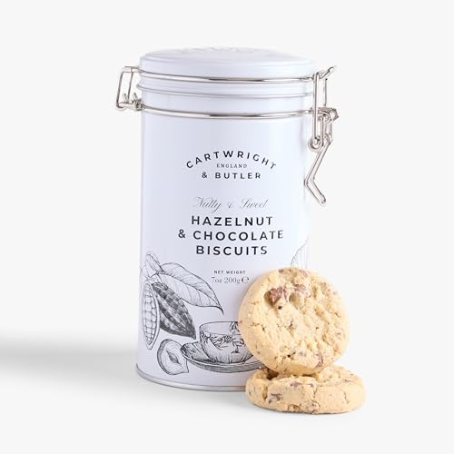 Cartwright & Butler Hazelnut & Chocolate Biscuits in Tin, 200g, Luxury Butter Biscuits with Milk Chocolate Chunks & Roasted Hazelnuts, Premium Biscuit Gift Tin